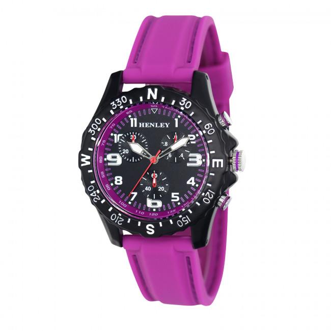Henley Ladies Round Matt black sports dial Purple Silicone Strap Watch H06182.7