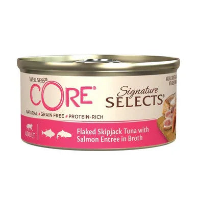 Wellness CORE Cat Wet Adult Signature Selects Flaked Skipjack Tuna with Salmon Entree in Broth 79g x 24
