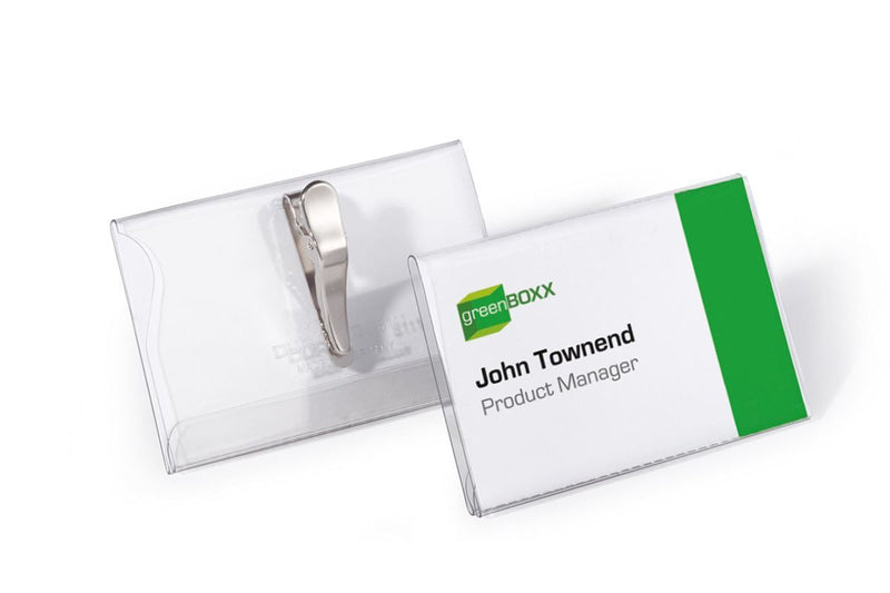 Durable Crocodile Clip Name Tag ID Badge Holders + Inserts | 25 Pack | 54 x 90mm