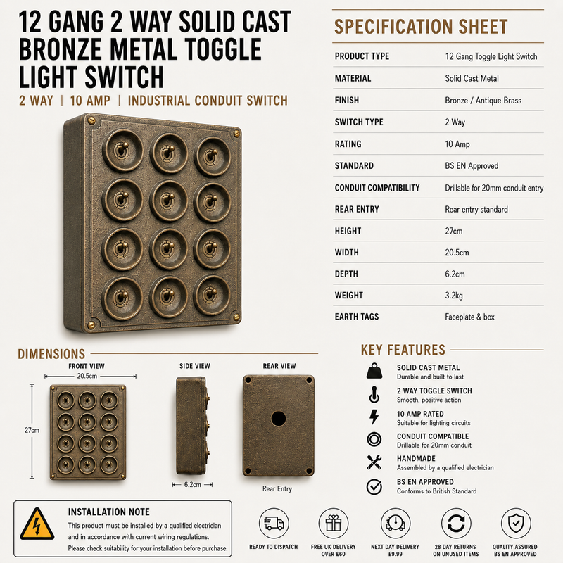 12 Gang 2 Way Bronze Solid Cast Metal Surface Mounting Conduit Light Switch Industrial - BS EN Approved Vintage Crabtree 1950’s Style