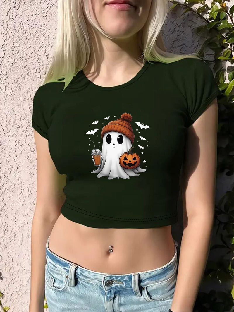 Women's Round Neck Halloween Pumpkin Print Short Sleeve
