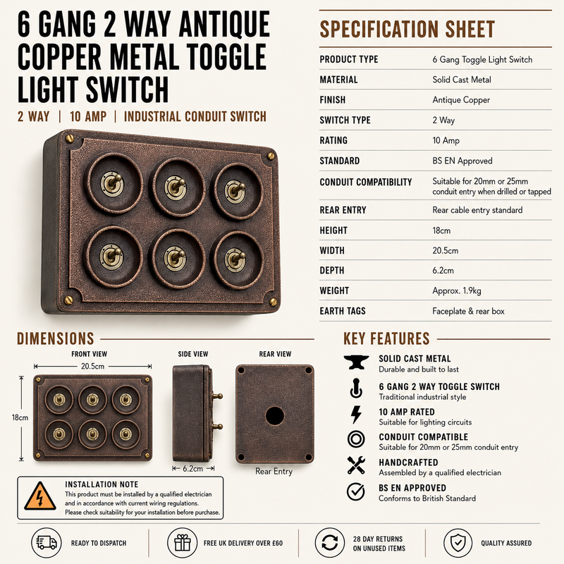 6 Gang 2 Way Antique Copper Solid Cast Metal Conduit Light Switch Industrial - Vintage Crabtree Style