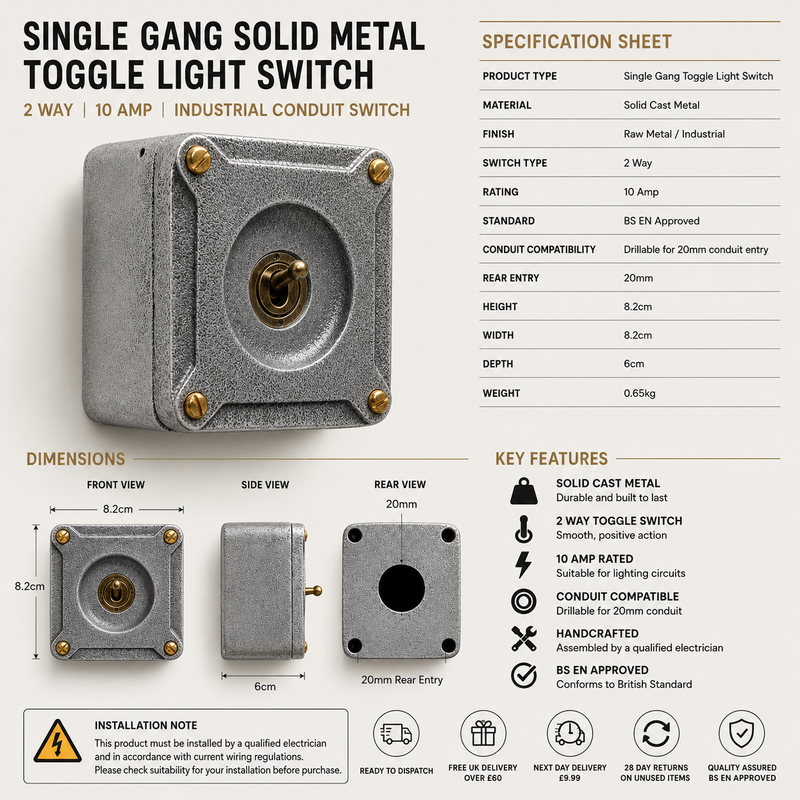 Single Gang 2 Way Conduit Surface Mounting Light Switch Solid Cast Metal Industrial ~ BS EN Approved Vintage Britmac Style