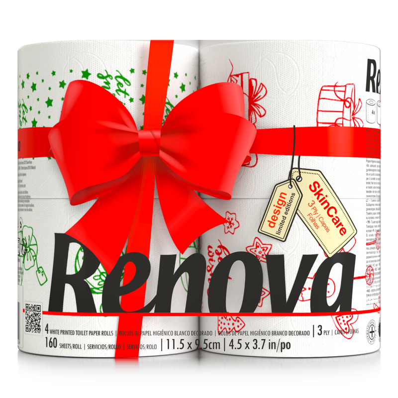 Renova Festive Christmas Toilet Rolls – Soft & Absorbent Holiday Tissue with Unique Illustrations | 4-Pack | 160 Sheets Per Roll
