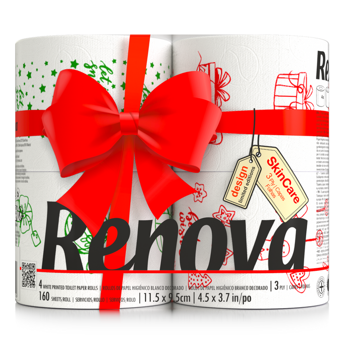 Renova Festive Christmas Toilet Rolls – Soft & Absorbent Holiday Tissue with Unique Illustrations | 4-Pack | 160 Sheets Per Roll