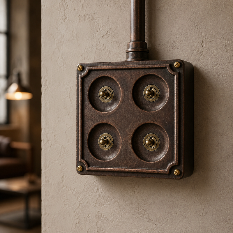 4 Gang 2 Way Solid Antique Copper Metal Surface Mounting Conduit Light Switch Industrial - BS EN Approved