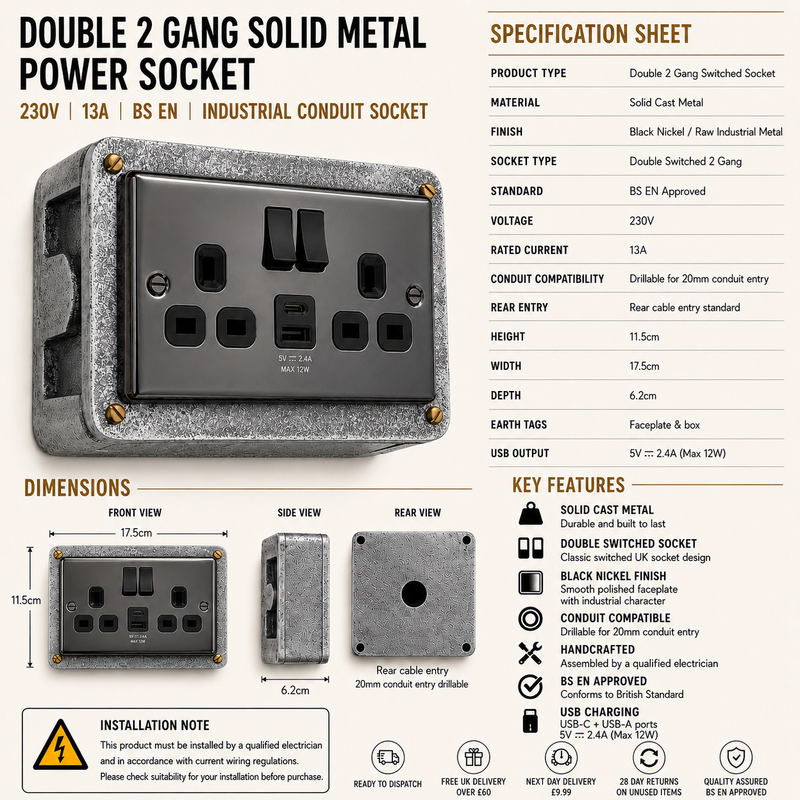 Black Nickel Double Switched 13A Power Socket 230V 13A 2 Gang 2G Solid Cast Metal Conduit Switch Industrial