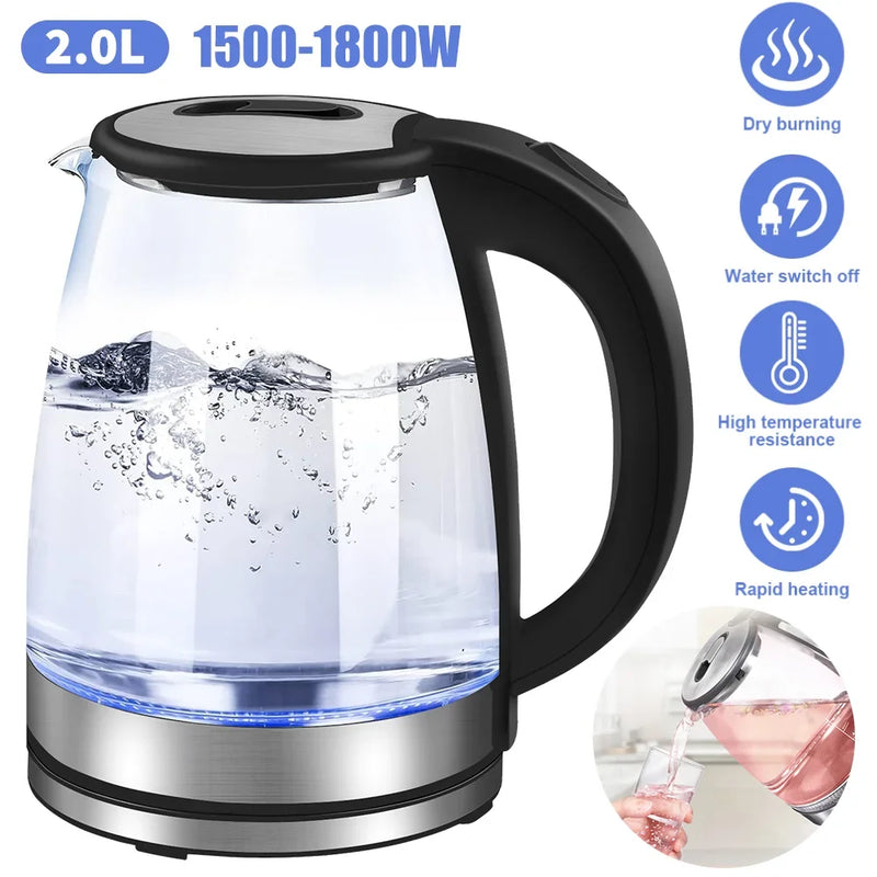 2L Electric Glass Kettle – 1500-1800W Fast Boil Hot Water Heater Auto Shut-Off