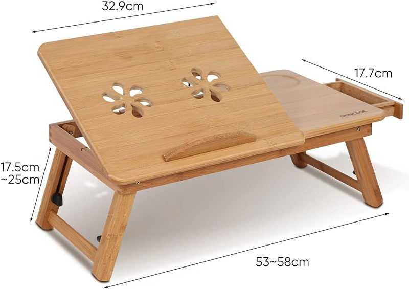Bamboo Laptop Desk Adjustable Bed Tray with Drawer Cup Slot and Vent Ejoyous