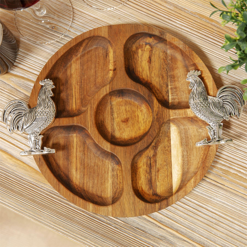 Round Acacia Nibbles Tray Silver Hen Design