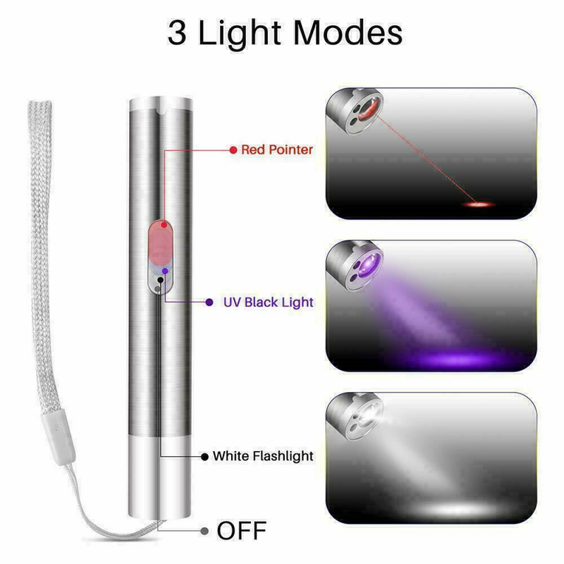 2PCS 3 in1 1mw USB Rechargeable Pet Toy Pen Flashlight Red laser Beam UV Light 3-Modes Lamp