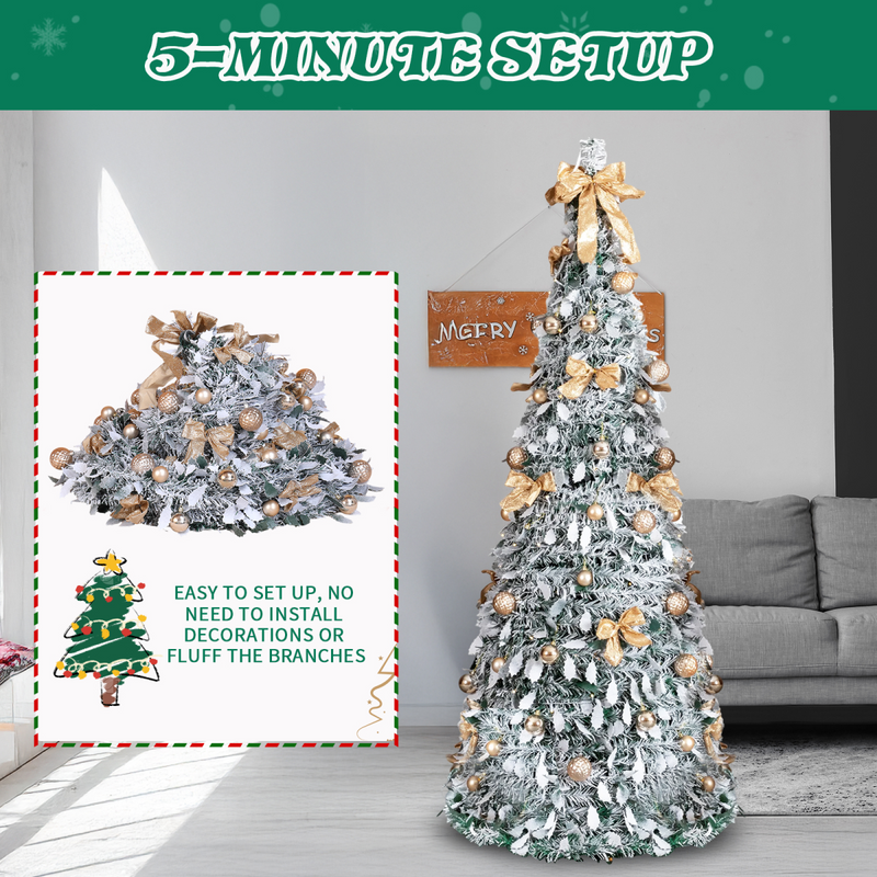 6 FT Snow Flocked Pre-lit Artificial Pop Up Christmas Tree with 100 Warm Lights and Golden Ornaments for Home Office Store Holiday Deco, Snowy Green