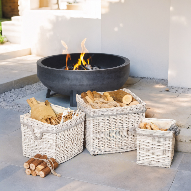 Outsunny Set of 3 Wicker Log Basket with Liner and Rope Handles, Beige