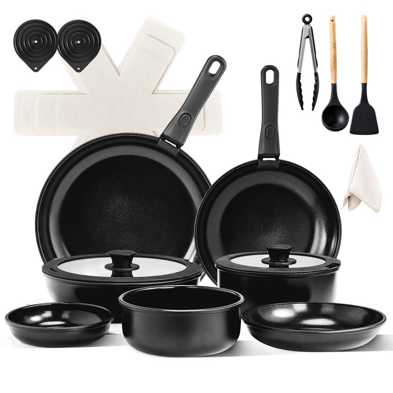 23-Piece Aluminum Cookware Set, Black Non-Stick Pots and Pans Set with Removable Handles - 7 Pots & 2 Lids, Compatible with Induction, Gas, Electric Stoves, Ideal for Home Kitchen & Outdoor Camping
