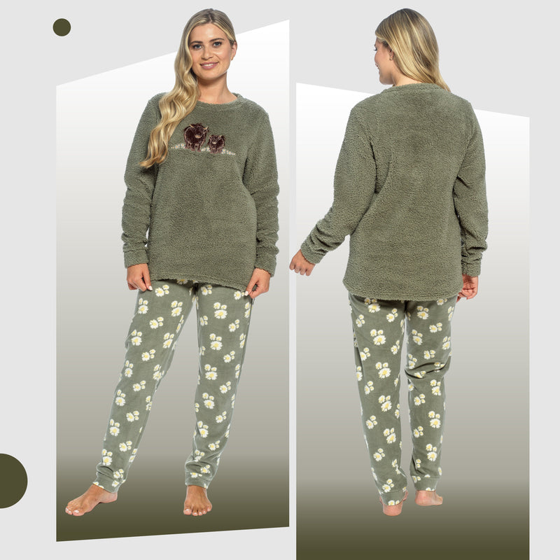 Women's Highland Cow Cotton Jersey Pyjama Set Long Sleeve Lounge Wear PJs with Elasticated Waistband by Daisy Dreamer