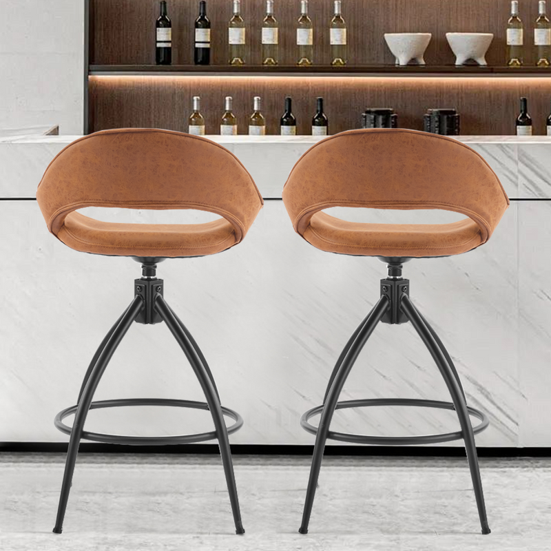 2pcs hollow backrest PU spray-coated bent iron feet bar stool brown with swivel
