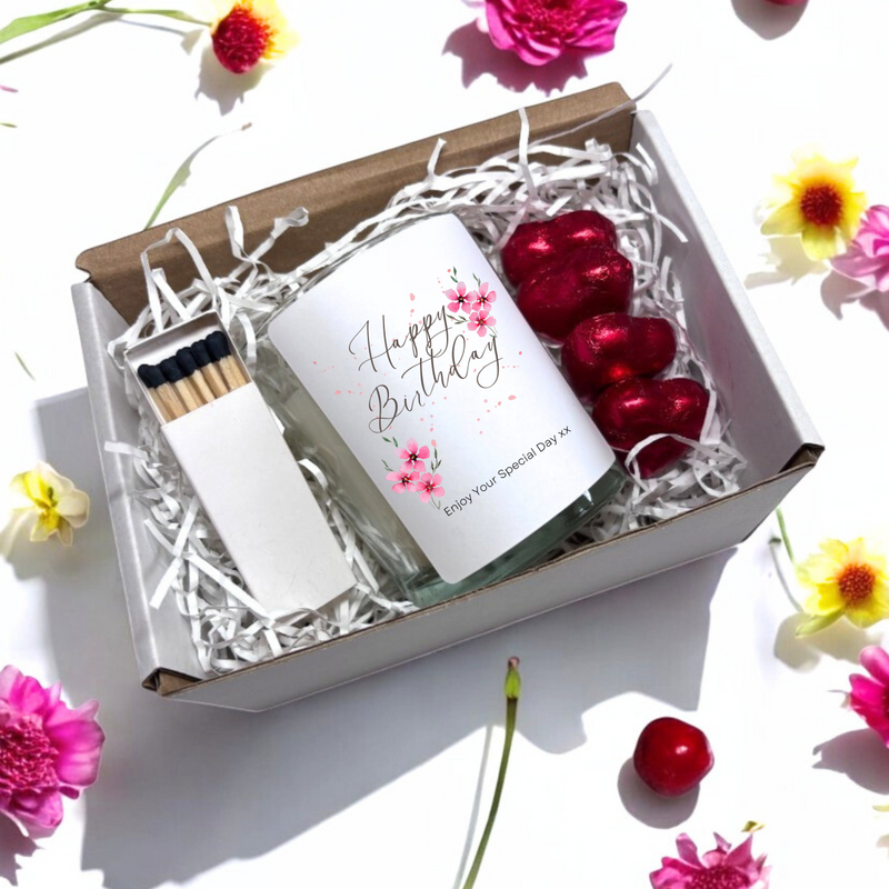 Pink Flowers Happy Birthday Candle Gift Set | Birthday Gift Box For Her | Birthday Gift | Birthday Gift Hamper | Mums Birthday Gift UK