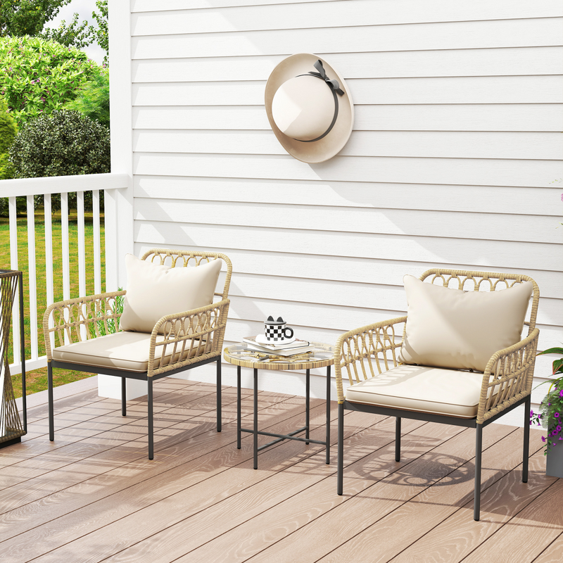 Outsunny 3 Piece Rattan Bistro Set, Balcony Table and Chairs with Cushions