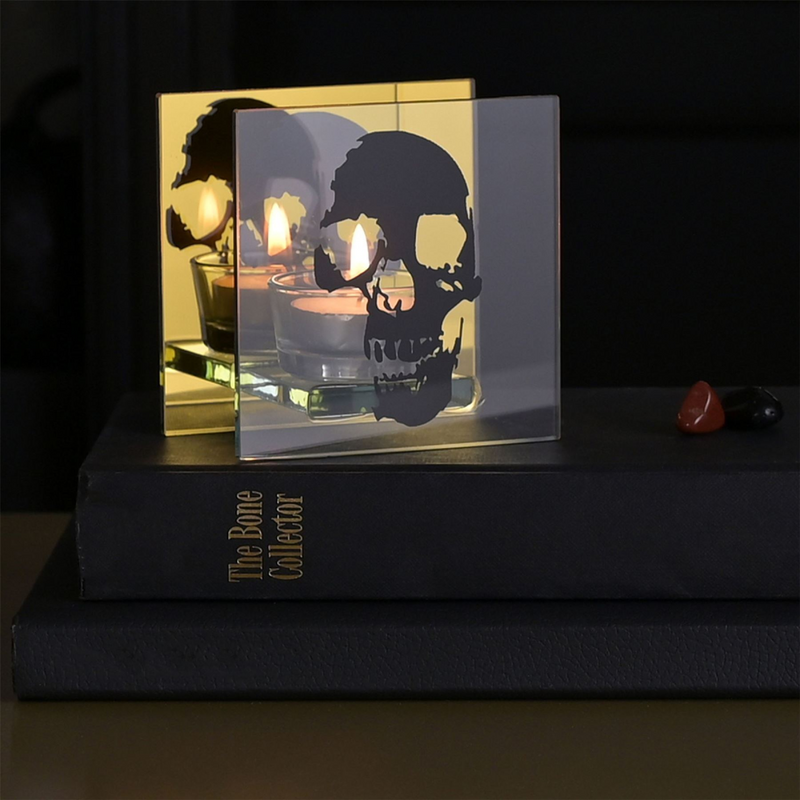 Gold and Black Mirror Skull Silhouette Tealight Holder