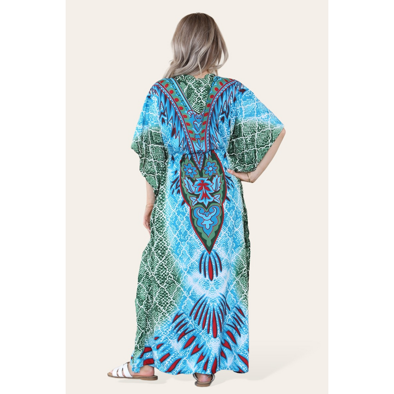 Elegant Long Caftan with Vibrant Green Geometric Print and Adjustable Cinched Waist