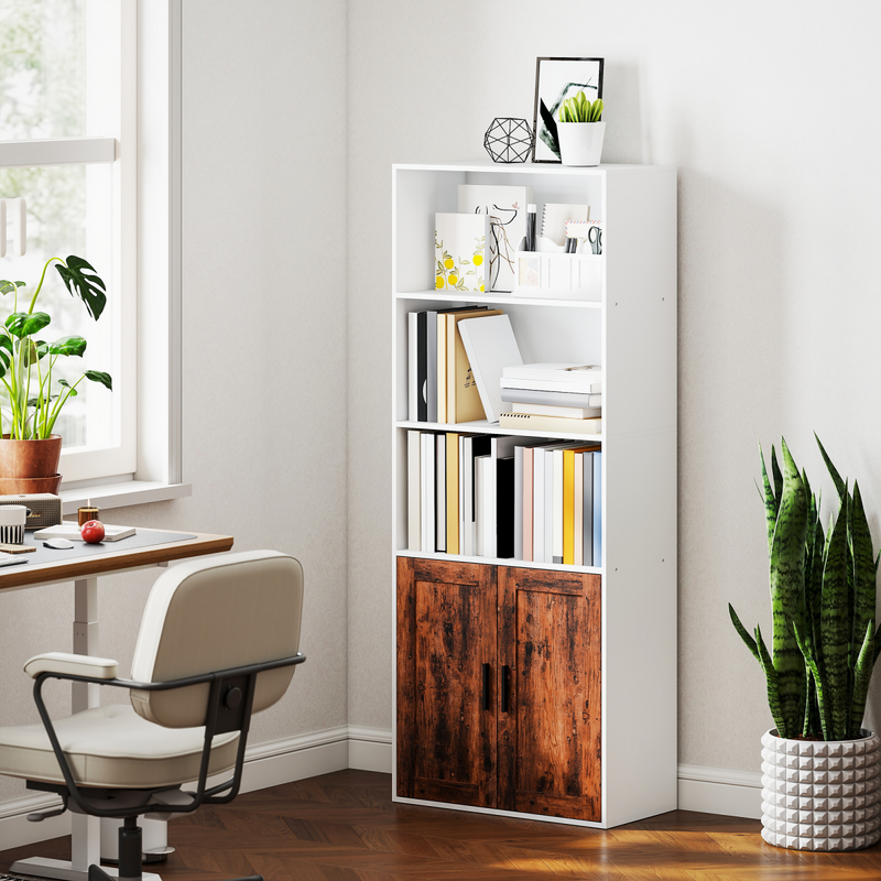 HOMCOM 5-Tier Bookcase, Tall Bookshelf with Adjustable Shelf, Rustic Brown