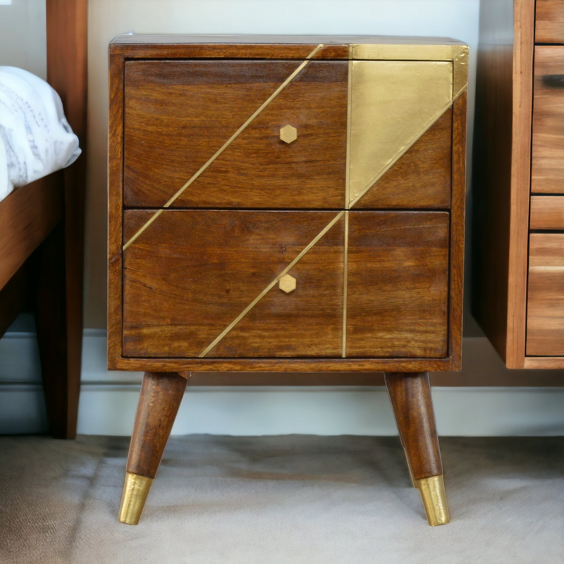 Artisan Furniture Solid Wood Gold Geometric Chestnut Bedside