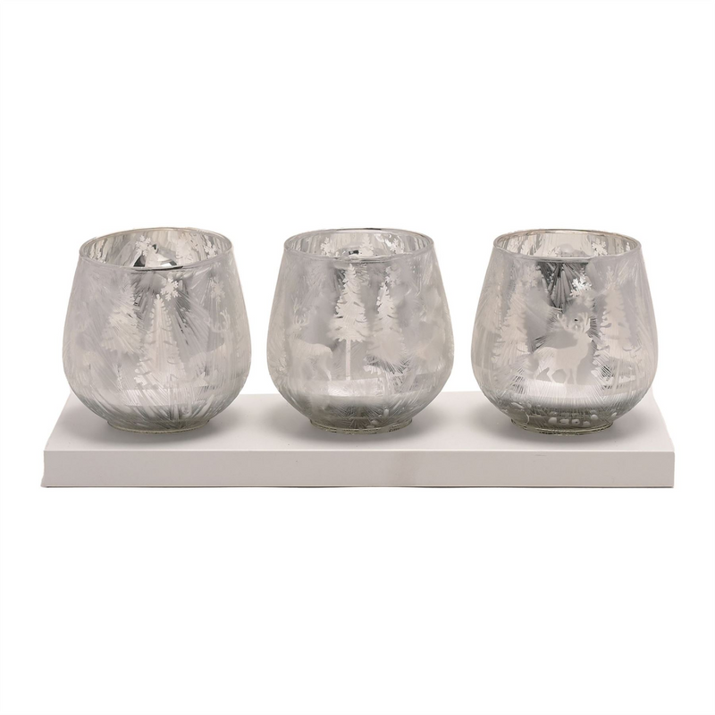 Set of 3 Frosted Haven Votives on White Wood Tray
