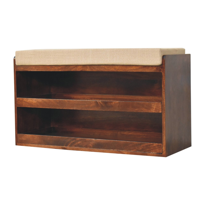 Artisan Furniture Solid Wood California Walnut & Mud Linen Pull out Shoe Bench, Upholstered, 2 Shelves, Brown