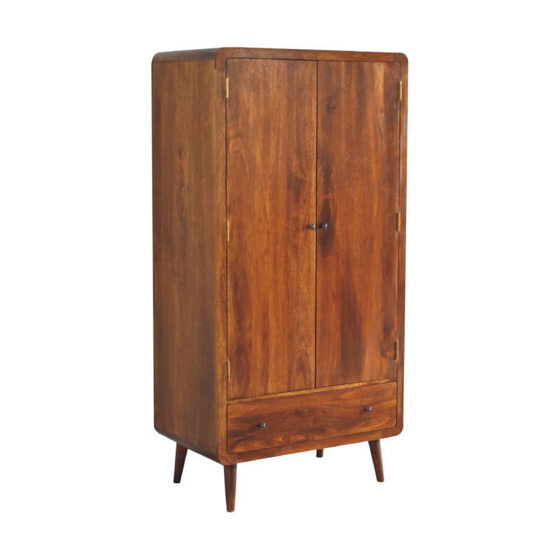 Artisan Furniture Solid Wood Curved Chestnut Wardrobe, Light Brown, 2 Doors and 1 Drawer