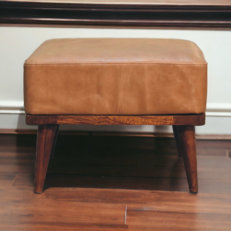Artisan Furniture Solid Mango Wood Tan Buffalo Leather Tan Footstool