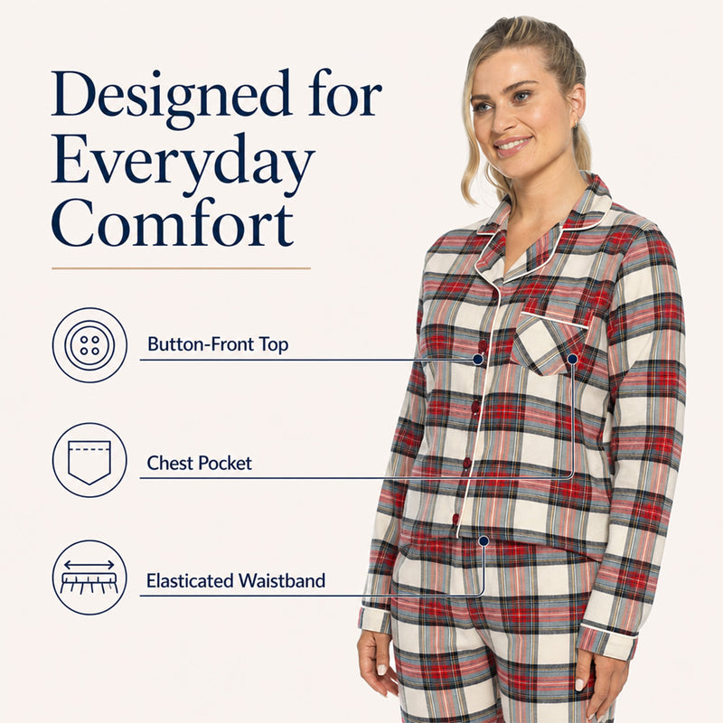 Women's Soft Brushed Cotton Flannelette Pajama Set with Elastic Waistband Cozy Check Pattern Sleepwear for All Seasons Small to XLarge by Daisy Dreamer