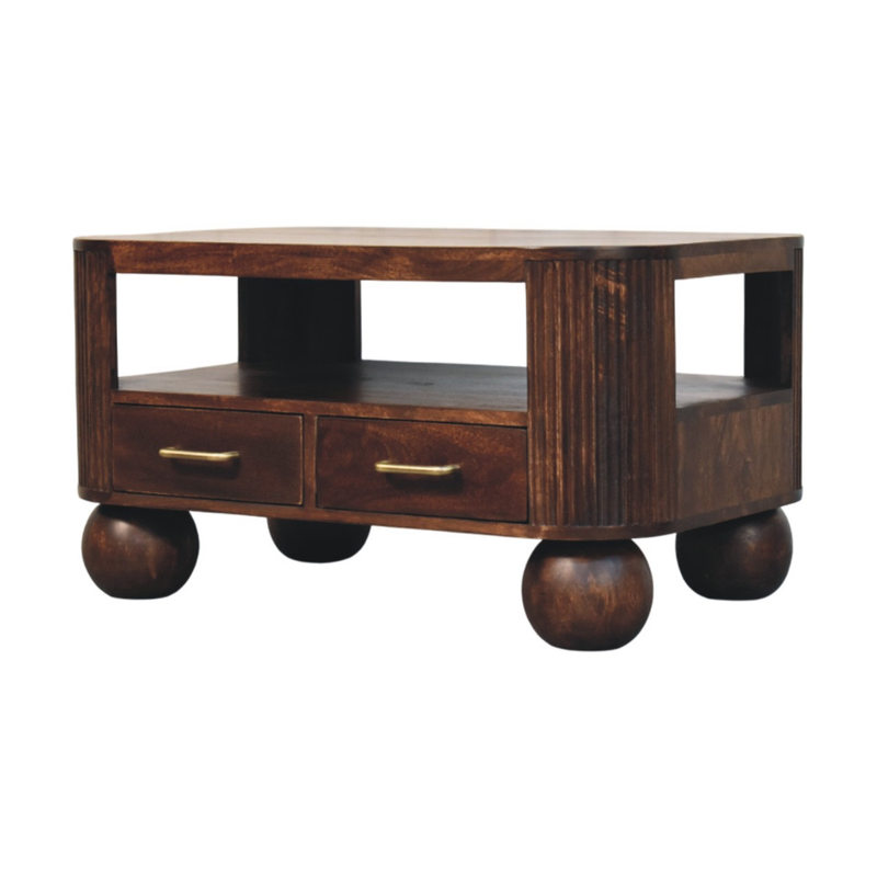 Artisan Furniture Solid Wood Sphere Leg Coffee Table, 2 Drawers And Open Slot, Dark Brown
