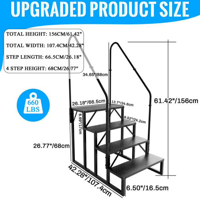 RV Step Stool, 4 Step Ladder, Hot Tub Steps with Handrail, Portable Pool Ladder, 660Lbs Heavy Duty Ladder Shelf Outdoor Mobile Home Stairs for Camper/Porch/SPA Pool/Pet Stairs