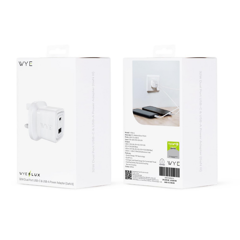 WYEFLUX 32W Dual Port USB Type C & USB-A Power Adapter (GaN III)