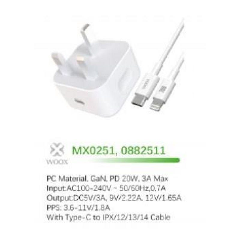 WOOX MX0251 20W PD Home Charger with Type-C to Lightening Fast Cable, 5V 3A, White