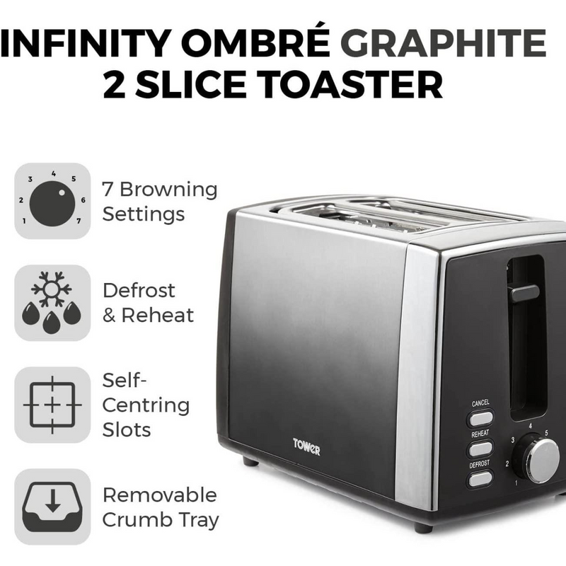 Tower Infinity Ombre Graphite 900W 2 Slice Toaster Graphite- T20038GRP