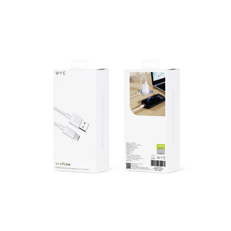 WYE 60W Braided Fast Charge/Sync A-C Cable 3m White