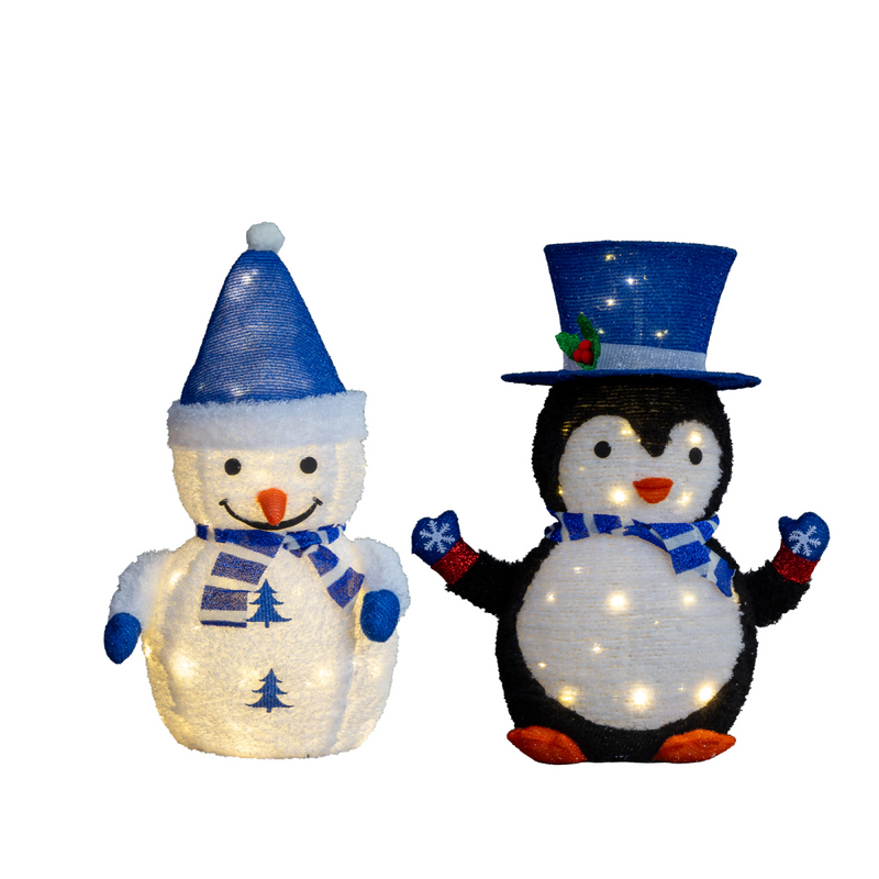 Set of 2 Lighted Plush Penguin and Snowman Christmas Decorations, Pre-lit Pull Up Holiday Decor with 100 Warm White LED Lights for Xmas Outdoor Indoor Decor Lighted Holiday Displays