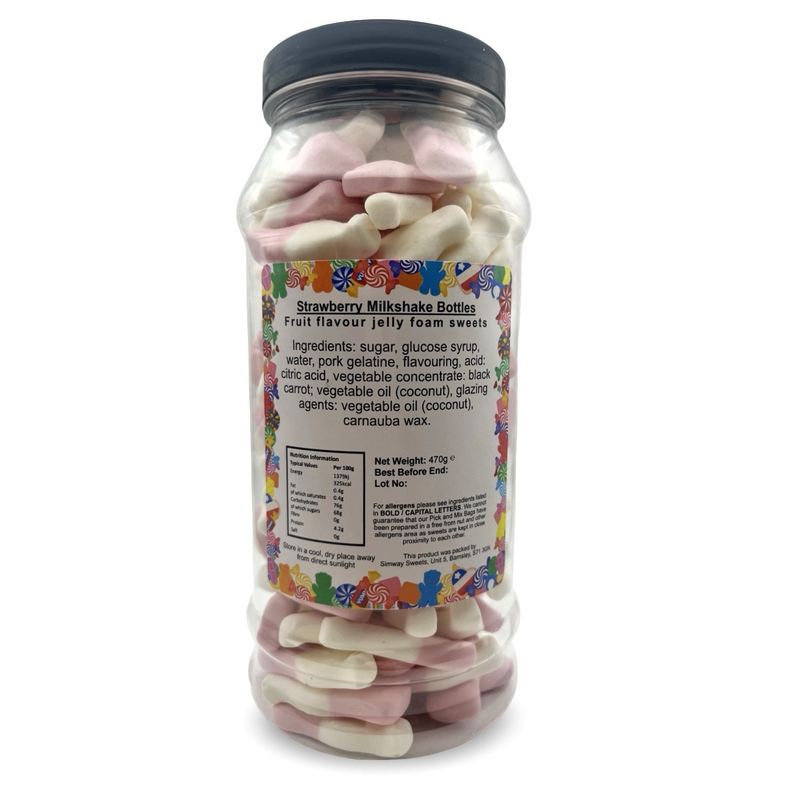 Pink & White Foam Milkshake Bottles Retro Sweets Gift Jar - 470g