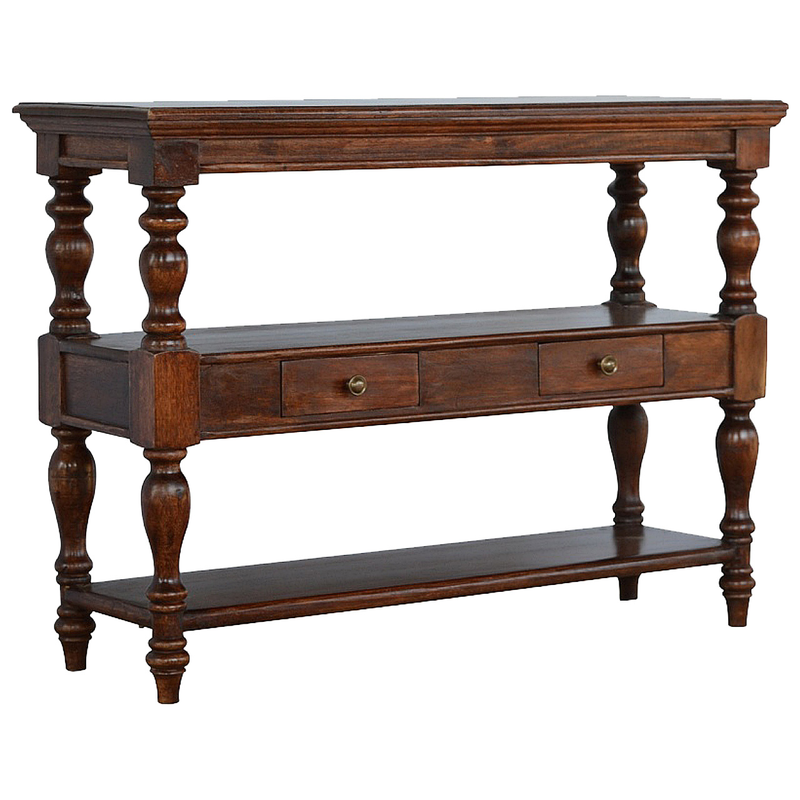 Artisan Furniture Solid Wood Turned Leg Console Table, 2 Drawers, 2 Shelves, Brown