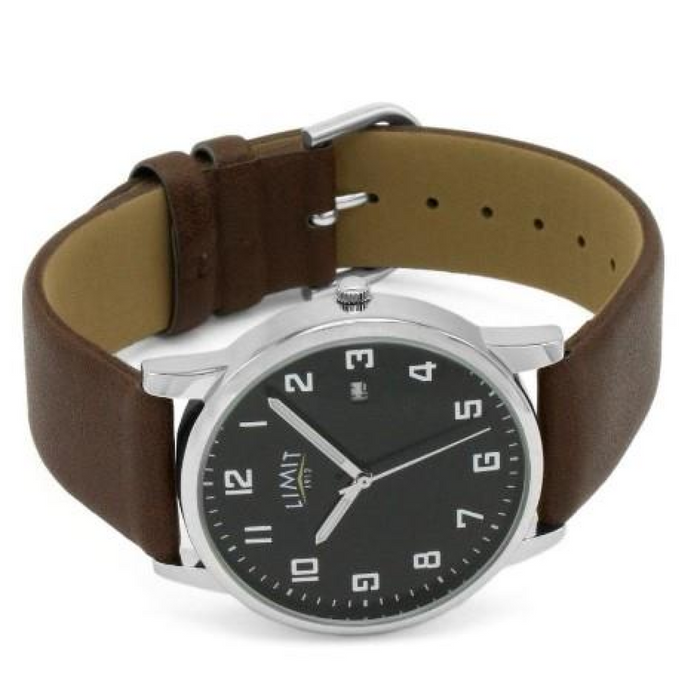 Limit Mens Basic Dated Black Dial Brown Leather Strap Watch 5744