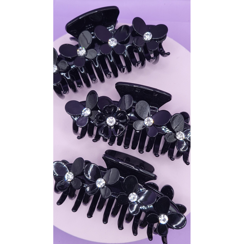 Crystal Black Flower Hair Clamp Pack of 12