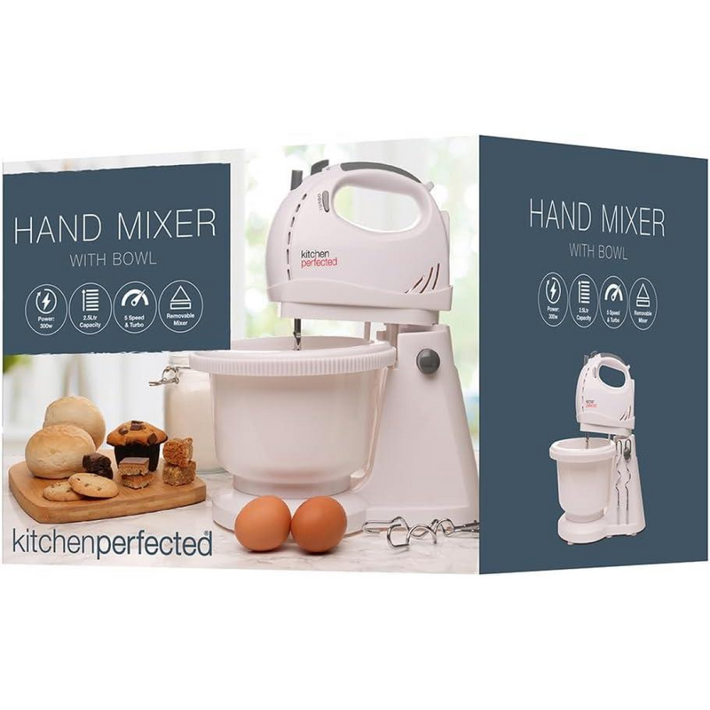 KitchenPerfected 300w Hand Mixer with 2ltr Rotating Bowl - White