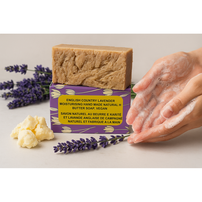 12 Bars of Country Lavender Natural Handmade Soap with Organic Unrefined, Fair Trade Shea Butter, Coconut and Olive Oil (115-135g)
