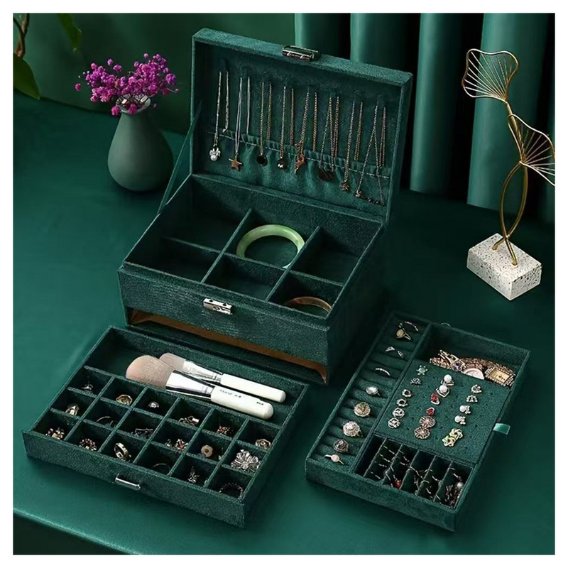 1pc Green 3-Layers Jewelry Box, Large PU Leather Finish Storage Drawer Cabinet, Jewelry, Earrings, Necklace, Bracelet, Ring, Ornaments, Adorn Article, Small Item Organizer Box Art Supplies