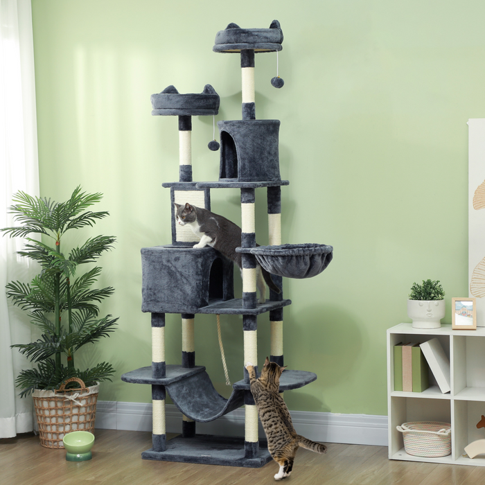PawHut 206cm Cat Tree with Scratching Posts, Beds, Condos, Toys, Dark Grey