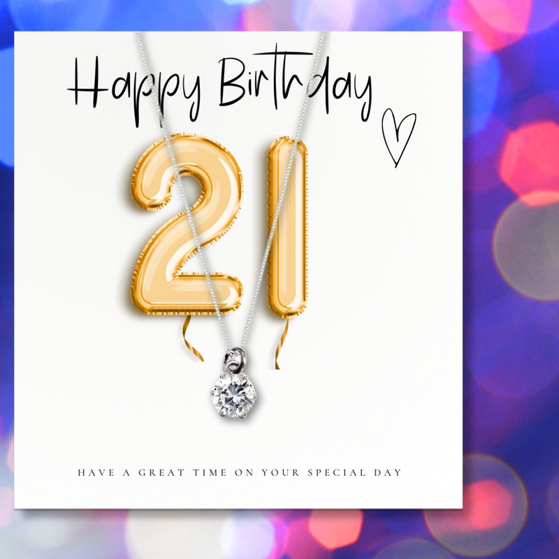 21st Birthday Cubic Zirconia Silver Necklace & Gold Balloons Mini Gift Hamper | Twenty First Gift | Girls 21st Birthday Gift Set UK