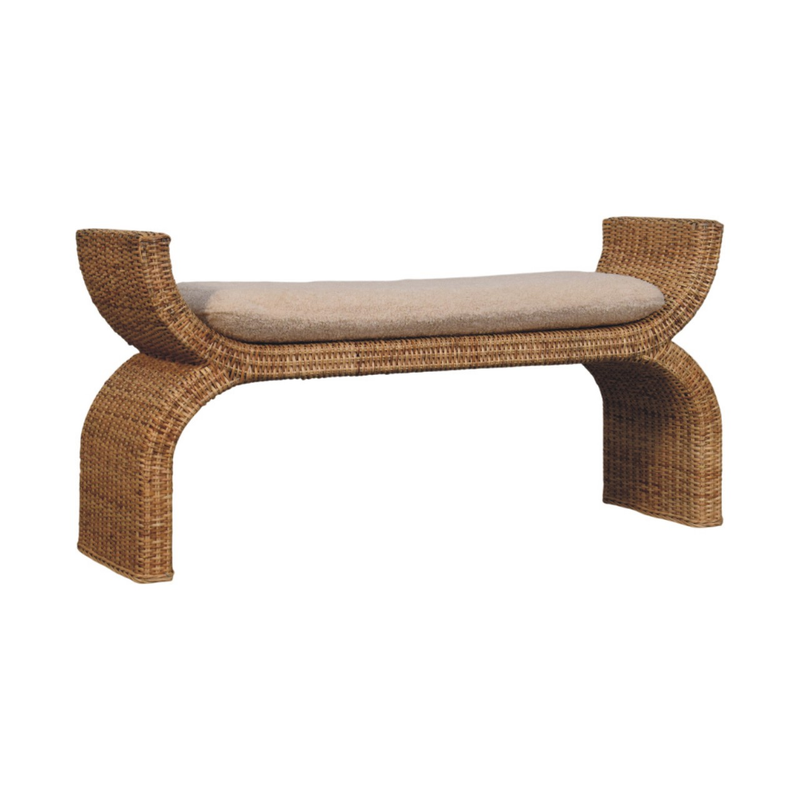 Artisan Furniture Solid Wood Rattan Weave Boucle Bench, Upholstered, Brown & Cream