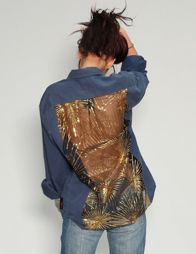 Party Back Shirt - Gold Sequin - Blue Cotton