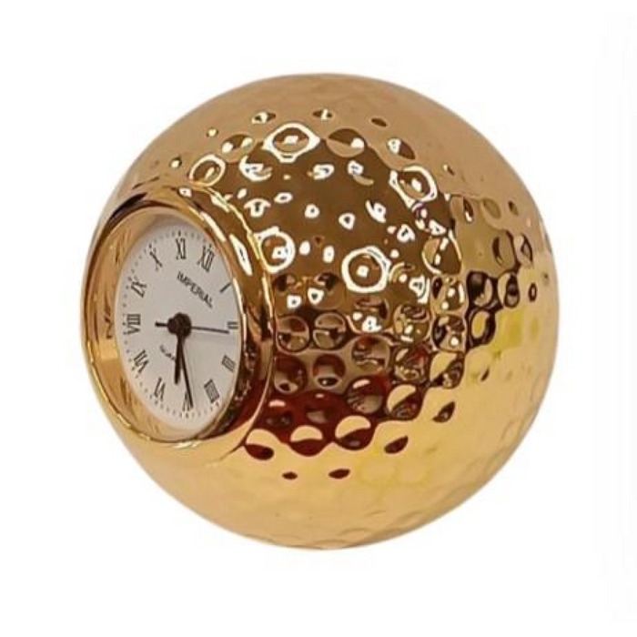 Miniature Clock Goldtone Plated Metal Golf Ball Solid Brass IMP75G- CLEARANCE NEEDS RE-BATTERY